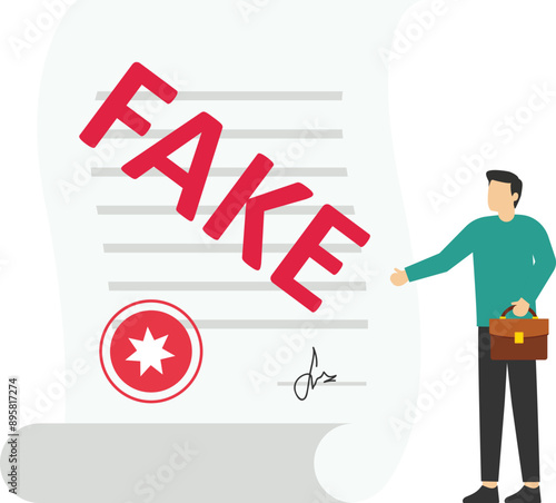 Smart entrepreneur inspector verify fake document. Fake document, wrong information verification or fake news inspection, fraud and illegal reports.

