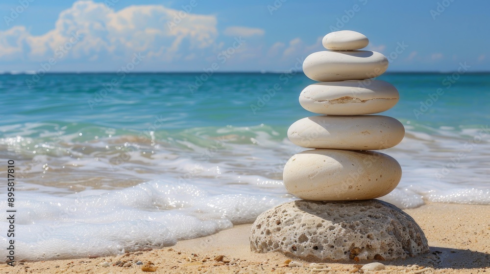 Rocks stacked on a pristine sandy shore Rocks stacked on a pristine sandy shore