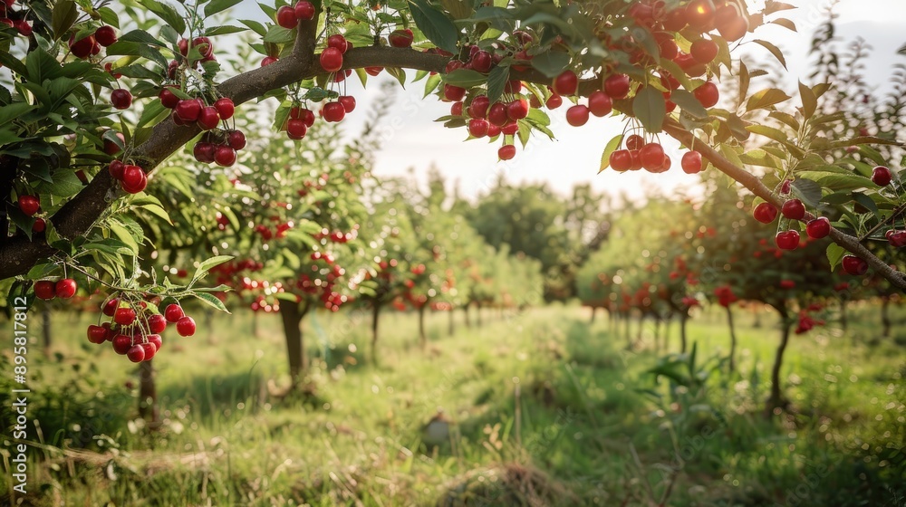 Fototapeta premium Cherry Trees in Orchard with Red and Sweet Fruit on Branches During Early Summer