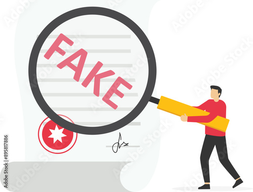 Fake degree certificate, fake report or invalid data, business fraud concept, void contract or fake contract, businessman analyzing fake degree certificate with magnifying glass.

