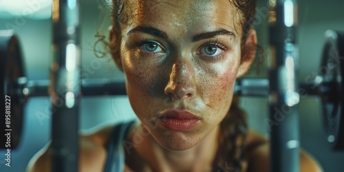 A close-up view of a person holding a barbell, focusing on their facial expression and muscles