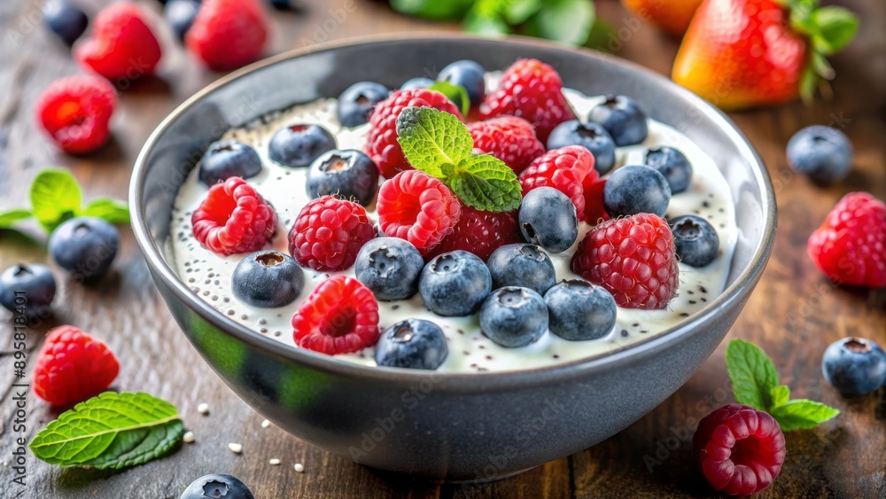 Fresh blueberries and raspberries scattered over chia seeds and creamy yogurt in a bowl, surrounded by a drizzle of milk. Fresh blueberries and raspberries scattered over chia seeds and creamy yogurt in a bowl, surrounded by a drizzle of milk.