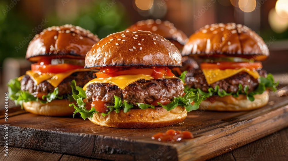 Three delicious burger sliders arranged on a wooden board in a cozy rustic setting Juicy burgers topped with melted cheese fresh lettuce ripe tomato and savory sauce Three delicious burger sliders arranged on a wooden board in a cozy rustic setting Juicy burgers topped with melted cheese fresh lettuce ripe tomato and savory sauce