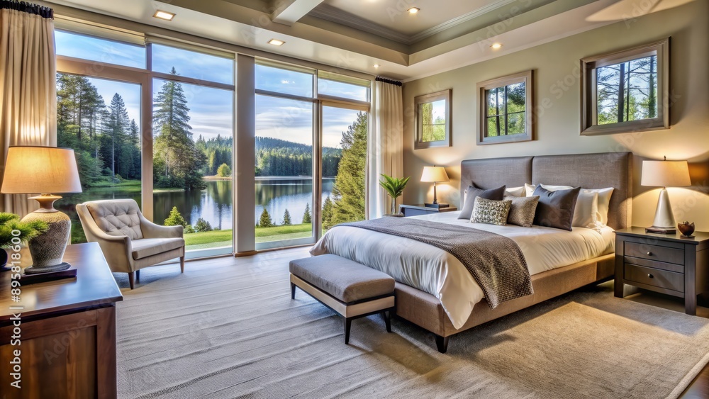 Naklejka premium Serene lakefront retreat features modern bedroom with plush carpet, elegant furniture, and expansive window framing breathtaking lake and forest views.