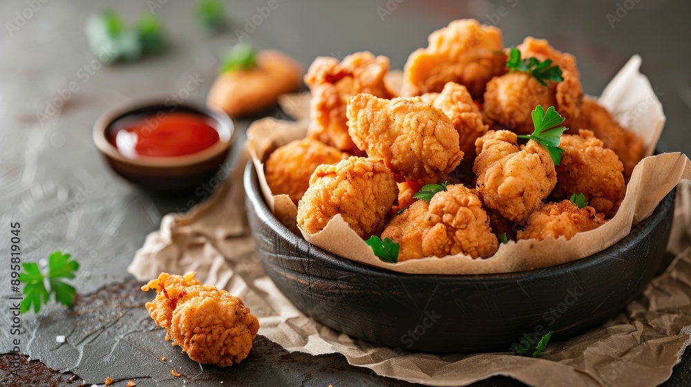 Fried Chicken Popcorn Nuggets Close Up on Rustic Background Without People