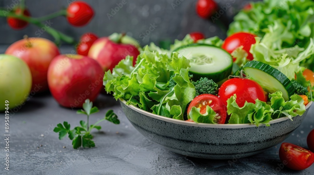 Fresh Salad made with Organic Vegetables and Fruits including Cucumber and Apple Fresh Salad made with Organic Vegetables and Fruits including Cucumber and Apple