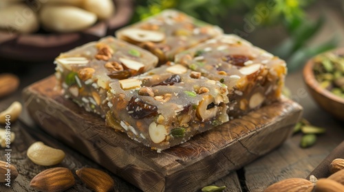 Rich Dry Fruits Burfi with Dates Anjeer Kaju Cashew Nuts Raisins Kismis Pista Poppy Seeds Almonds Pistachio Badam Mawa High in Fiber Proteins and Vitamins