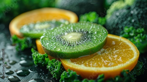 sliced avocado, sliced kiwi, kiwi, kale, green apple, many oil oranges, sliced cucumber, cucumber, broccoli, spinach. Ultra high definition. It's very fresh. There are a few small water droplets on it