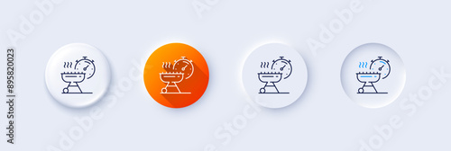 Grill time line icon. Neumorphic, Orange gradient, 3d pin buttons. Barbecue cooker for cooking food sign. Hot meat brazier symbol. Line icons. Neumorphic buttons with outline signs. Vector