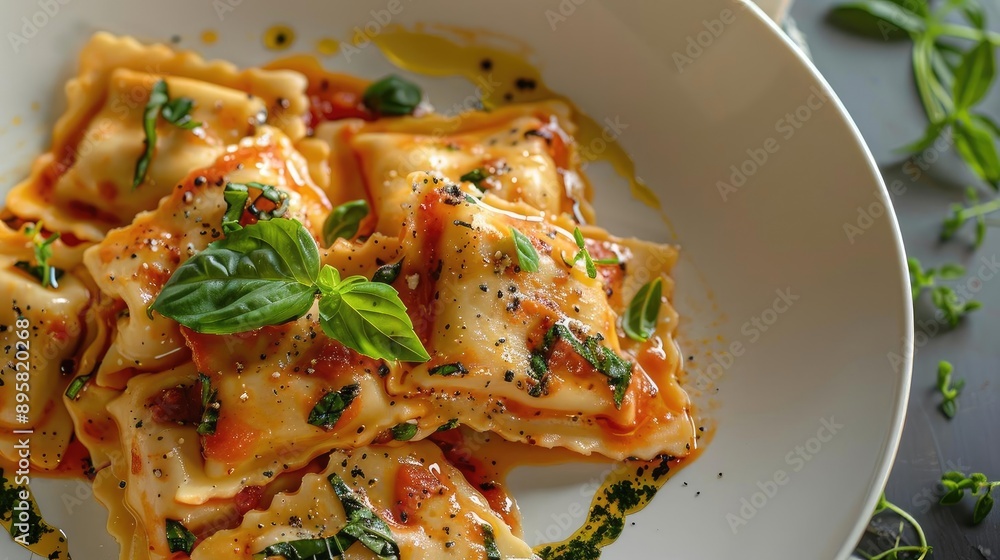 Delicious homemade ravioli topped with fresh basil and tomato sauce on a white plate, garnished with herbs and served for a perfect Italian meal. Delicious homemade ravioli topped with fresh basil and tomato sauce on a white plate, garnished with herbs and served for a perfect Italian meal.