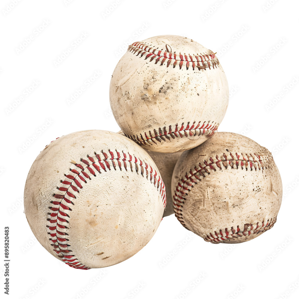 Three well-used baseballs. Three well-used baseballs.