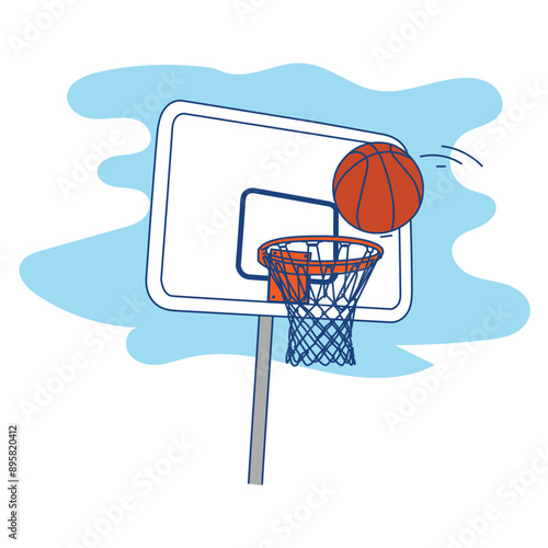 Basketball ball flying towards basketball hoop. Vector illustration.