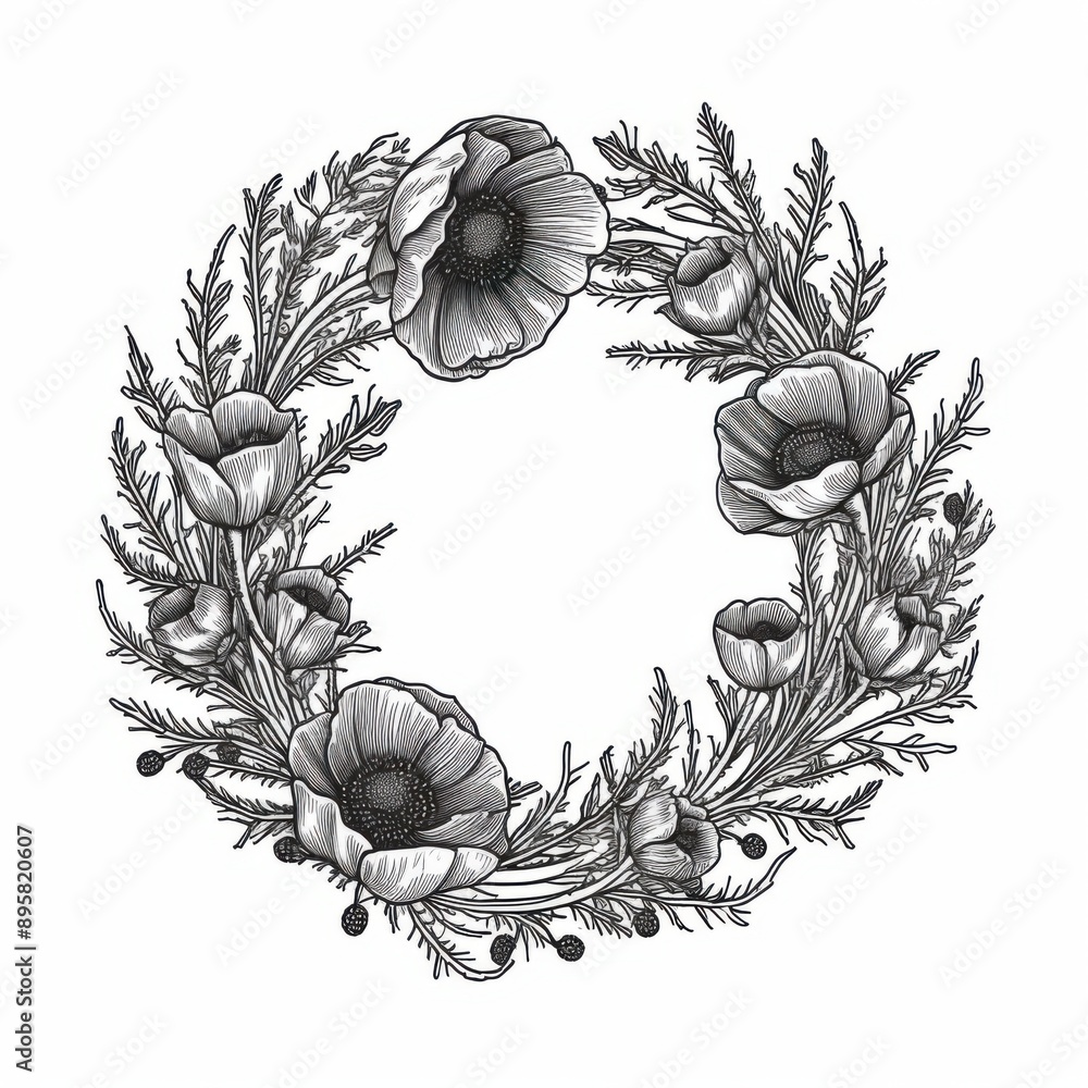Black and white Vintage engraved art of a poppy wreath isolated on ...