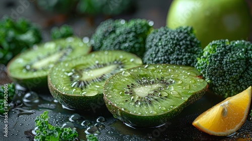 sliced avocado, sliced kiwi, kiwi, kale, green apple, many oil oranges, sliced cucumber, cucumber, broccoli, spinach. Ultra high definition. It's very fresh. There are a few small water droplets on it