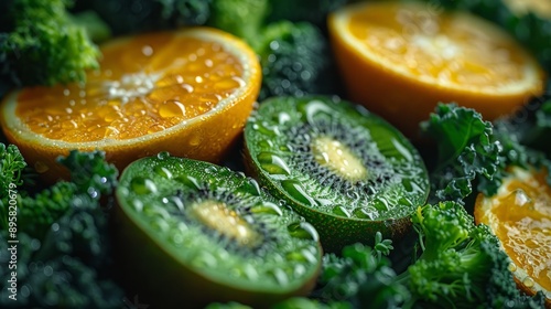 sliced avocado, sliced kiwi, kiwi, kale, green apple, many oil oranges, sliced cucumber, cucumber, broccoli, spinach. Ultra high definition. It's very fresh. There are a few small water droplets on it