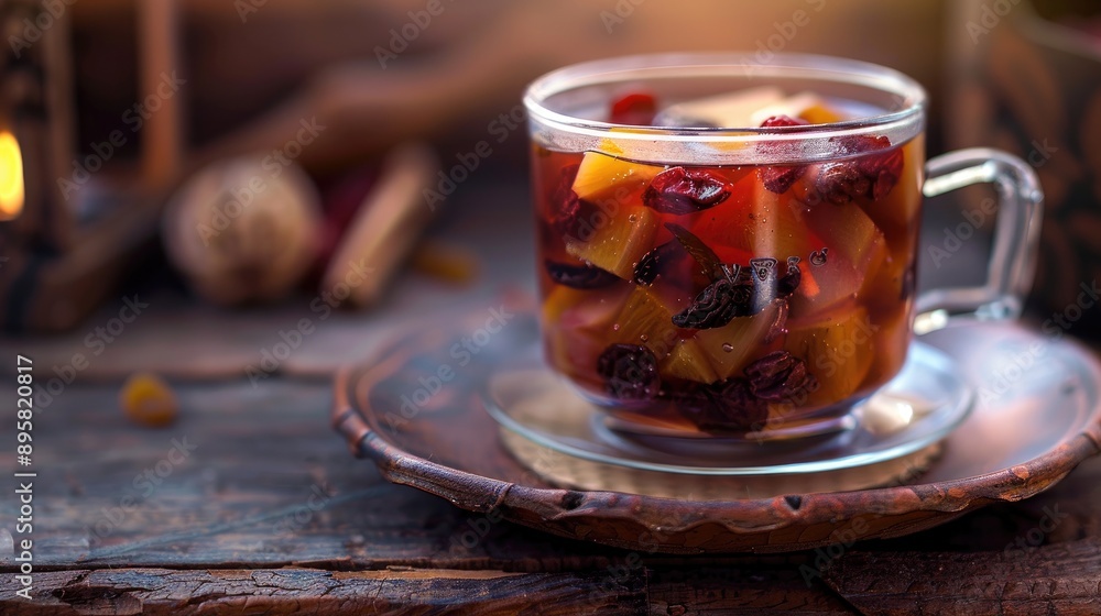 Selective focus on small glass mug with a compote of mixed dried fruit on a ceramic brown plate placed on an aged wooden table Selective focus on small glass mug with a compote of mixed dried fruit on a ceramic brown plate placed on an aged wooden table