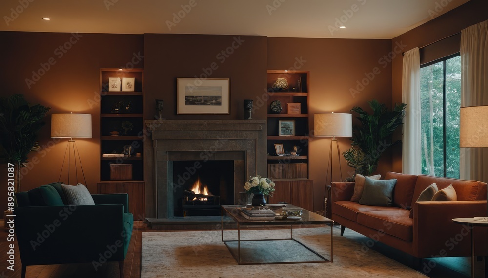 A contemporary living room with a mid-century modern design, showcasing a sofa, abstract artwork, and cozy lighting from a floor lamp and windows A contemporary living room with a mid-century modern design, showcasing a sofa, abstract artwork, and cozy lighting from a floor lamp and windows