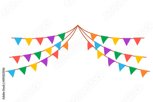 Colorful pennant isolated on white background. Hanging party garland for kids. Triangle flags in rainbow colors. Vector illustrations of bunting