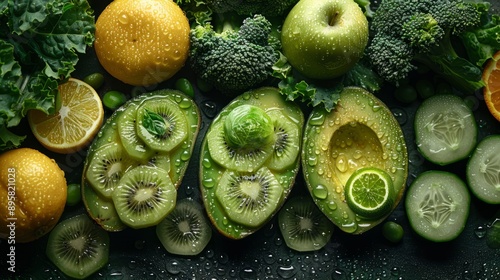 sliced avocado, sliced kiwi, kiwi, kale, green apple, many oil oranges, sliced cucumber, cucumber, broccoli, spinach. Ultra high definition. It's very fresh. There are a few small water droplets on it