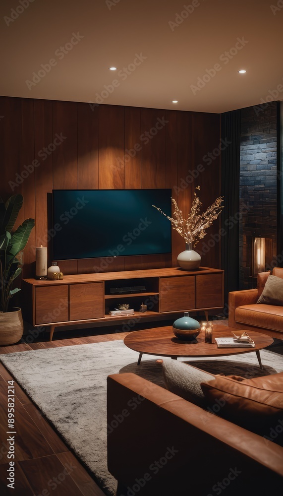 A stylish living room with a couch and pillows. The room is decorated with abstract art and illuminated by a floor lamp and window light A stylish living room with a couch and pillows. The room is decorated with abstract art and illuminated by a floor lamp and window light