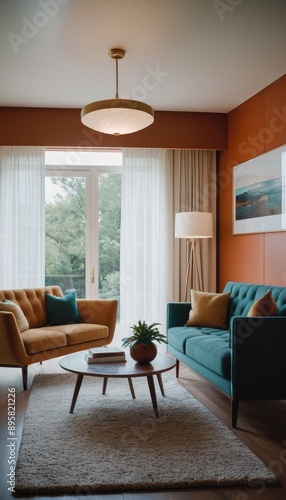 A modern living room featuring a sofa and abstract wall art. The space is warmly lit with a floor lamp and natural light from large windows.
