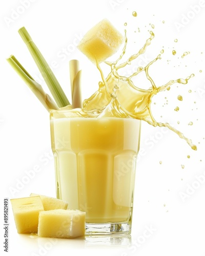 Sugarcane juice splashing out of a glass with a straw on a white background