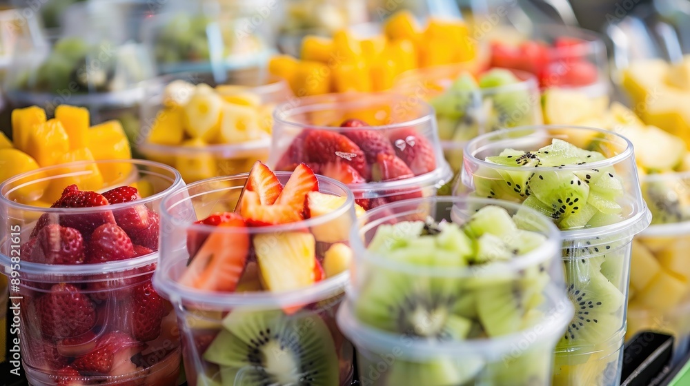 Fresh Fruit Salad Displayed in Plastic Cups at a Market Assorted Pre Cut Fruits Perfect for Sale Embracing Convenience and a Healthy Lifestyle Featuring Strawberries Kiwi Melon Pineapple Coc Fresh Fruit Salad Displayed in Plastic Cups at a Market Assorted Pre Cut Fruits Perfect for Sale Embracing Convenience and a Healthy Lifestyle Featuring Strawberries Kiwi Melon Pineapple Coc