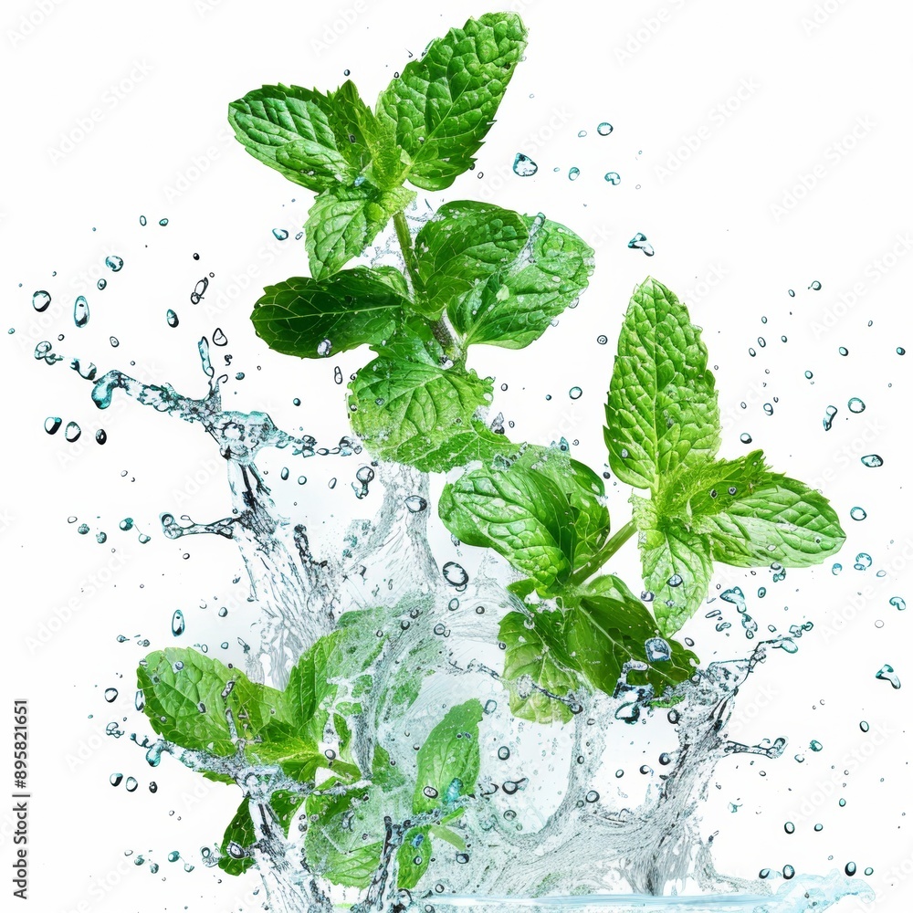 Fresh green mint leaves splashing with water on a white background Fresh green mint leaves splashing with water on a white background