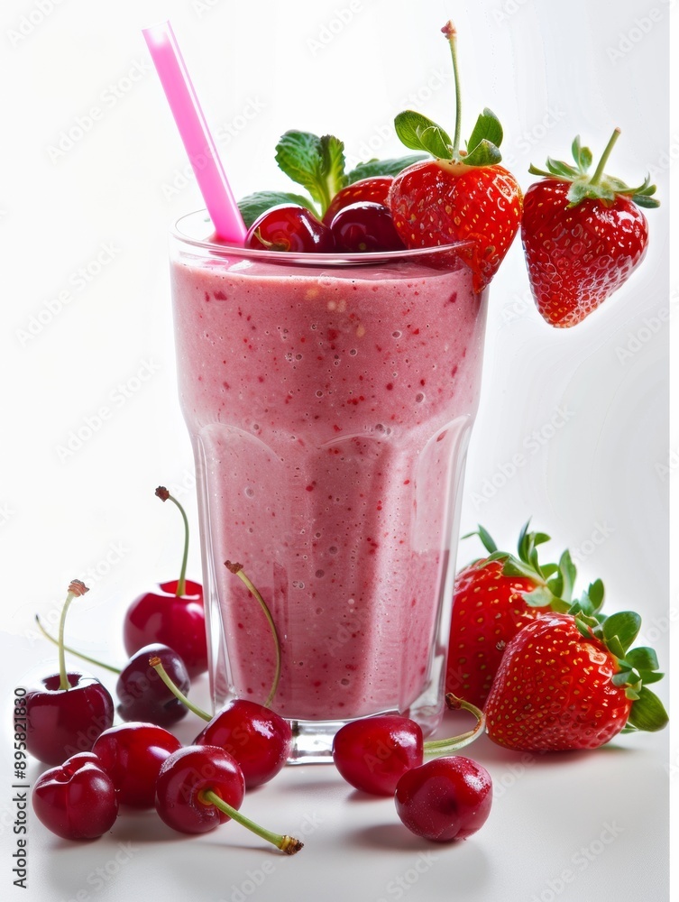 Cherry strawberry vanilla smoothie with a solid white background Cherry strawberry vanilla smoothie with a solid white background