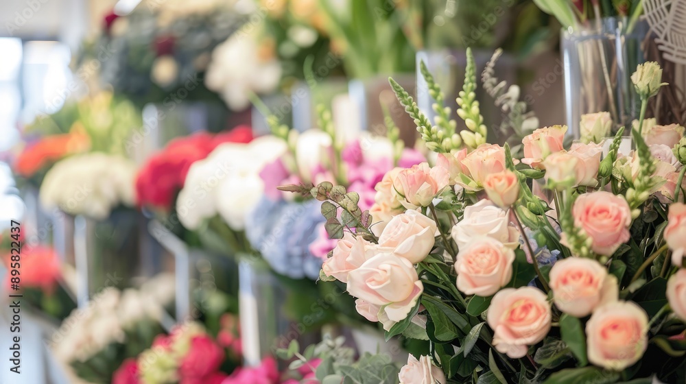 Obraz premium Close up interior shots of a flower shop with a soft focus capturing the luxury lifestyle with a large florist bouquet as the backdrop