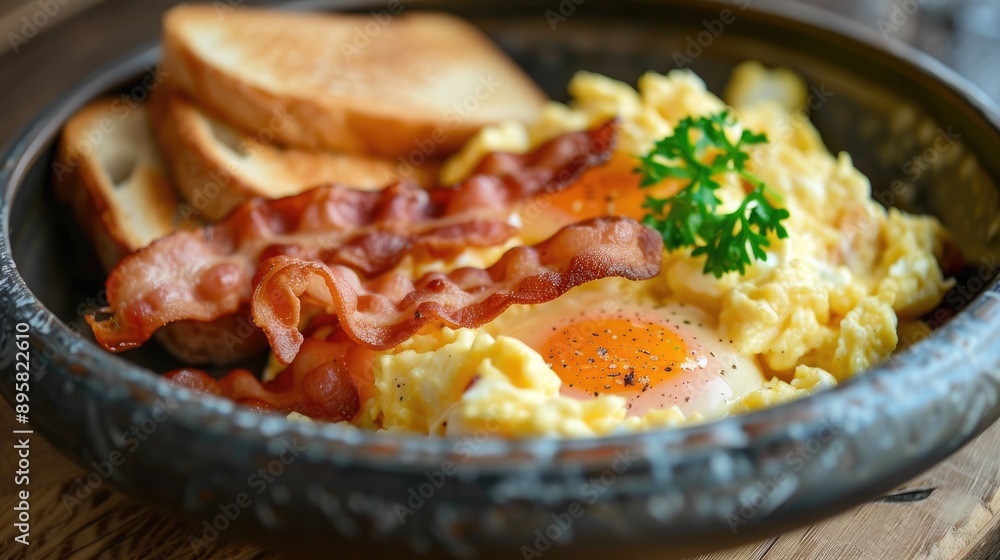 Classic scrambled eggs with bacon and toast Classic scrambled eggs with bacon and toast