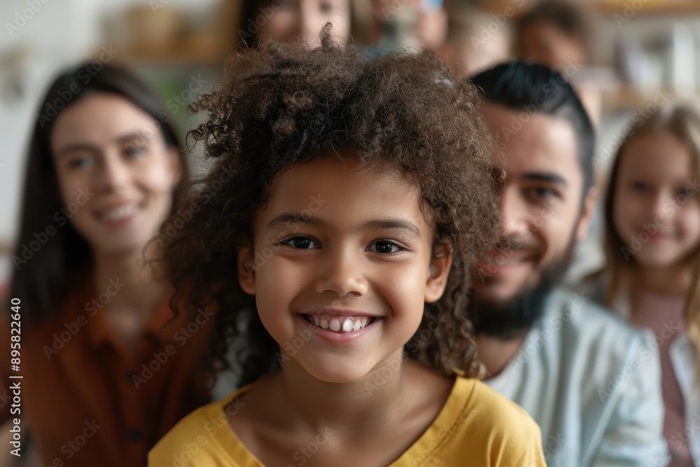 A smiling child is in focus, with family members in the blurry background, representing familial joy and innocence in a happy and warm home environment. A smiling child is in focus, with family members in the blurry background, representing familial joy and innocence in a happy and warm home environment.