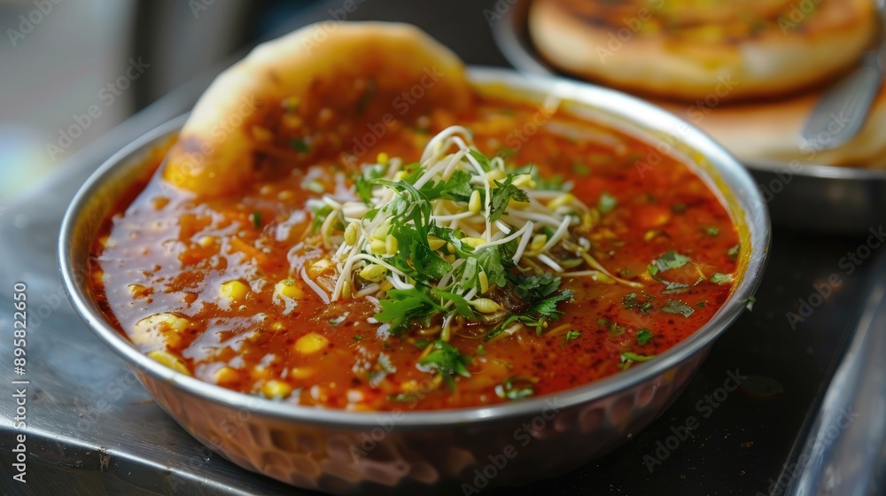 Famous Maharashtrian Street Food Misal Pav with Spicy Curry Sprouts and Bread Kolhapur Nasik Pune Speciality Famous Maharashtrian Street Food Misal Pav with Spicy Curry Sprouts and Bread Kolhapur Nasik Pune Speciality