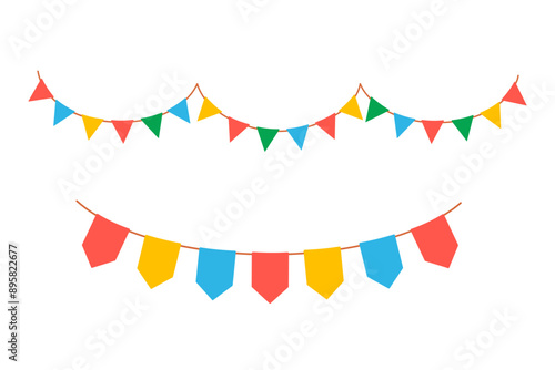 Triangle flags. Color pennant isolated on white background. Hanging summer party garland for kids. Vector illustrations