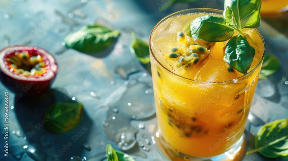 Iced cocktail with basil passion fruit and juice Cold alcoholic or non alcoholic Strong lighting and bold shadows Iced cocktail with basil passion fruit and juice Cold alcoholic or non alcoholic Strong lighting and bold shadows