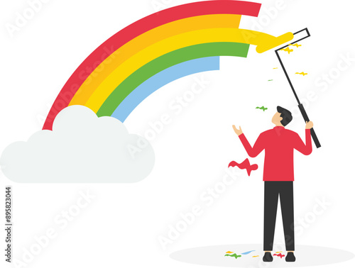 Businessman climb up stepladder to paint a wall picture of a rainbow. Uncommon and unusual plans. Different and unique vision. Business and dreams. Vector illustration

