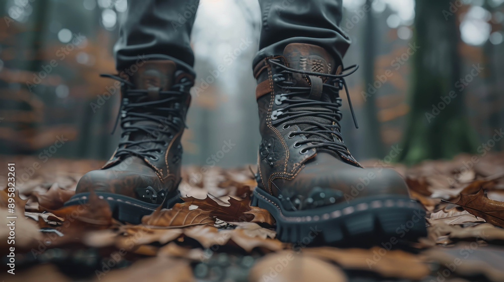 Shoes on fallen autumn leaves. Detailed closeup of boots walking on fallen autumn leaves, symbolizing the beginning of autumn season. Shoes on fallen autumn leaves. Detailed closeup of boots walking on fallen autumn leaves, symbolizing the beginning of autumn season.