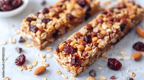 Variety of Homemade Protein Granola Energy Bars with Nuts Raisins Dried Cherries and Chocolate Gluten Free Cereal for a Healthy Snack