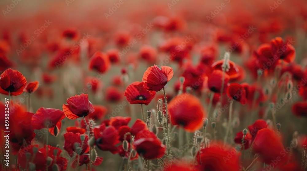 Fototapeta premium Field of Vibrant Scarlet Poppies Extending into the Distance with Selective Soft Focus