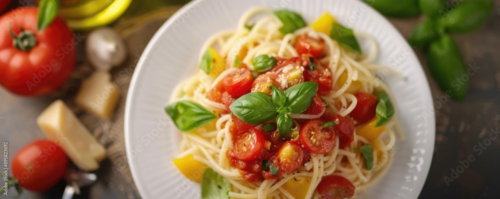 A delectable plate of spaghetti topped with fresh cherry tomatoes and basil leaves, served on a white dish. Perfect for an authentic Italian meal. A delectable plate of spaghetti topped with fresh cherry tomatoes and basil leaves, served on a white dish. Perfect for an authentic Italian meal.