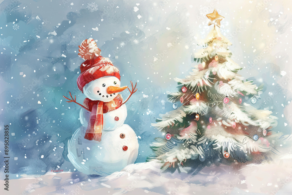 Fototapeta premium Christmas greeting card with bright winter holiday snowman and New Year background