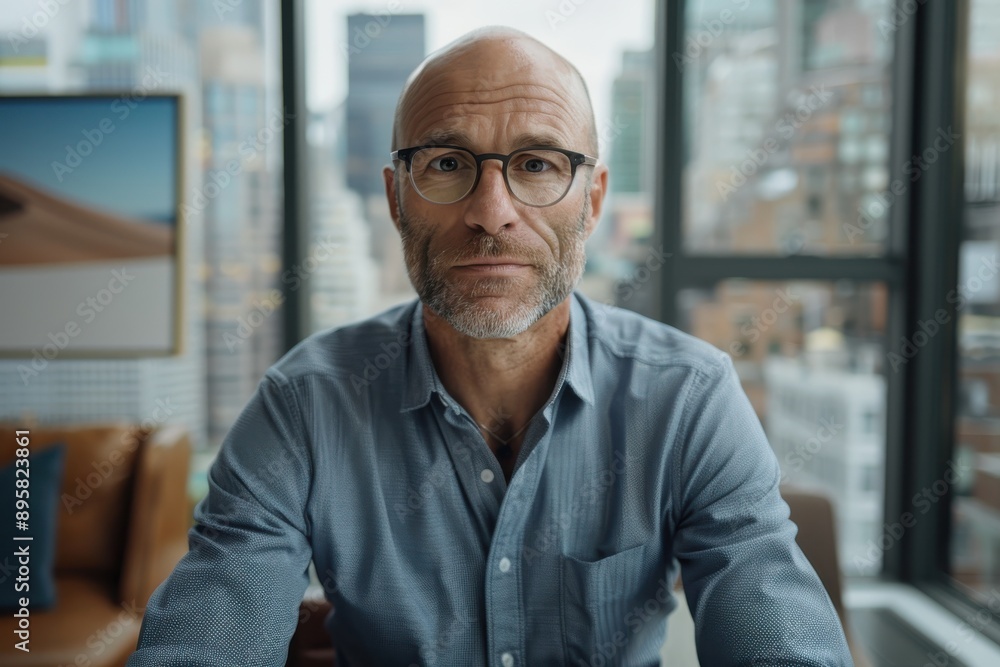 A bald man wearing glasses and a blue shirt sits in a modern high-rise building with a panoramic city view in the background, appearing thoughtful and serious. A bald man wearing glasses and a blue shirt sits in a modern high-rise building with a panoramic city view in the background, appearing thoughtful and serious.