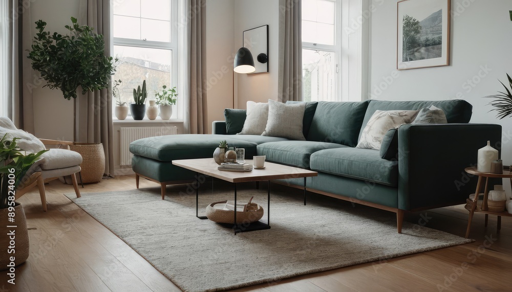 A modern living room designed with a sofa, neutral pillows, and minimalist decor. The space includes indoor plants, floor lamps, and framed artwork on the walls A modern living room designed with a sofa, neutral pillows, and minimalist decor. The space includes indoor plants, floor lamps, and framed artwork on the walls