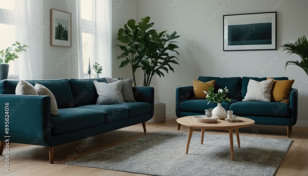 A modern living room designed with a sofa, neutral pillows, and minimalist decor. The space includes indoor plants, floor lamps, and framed artwork on the walls A modern living room designed with a sofa, neutral pillows, and minimalist decor. The space includes indoor plants, floor lamps, and framed artwork on the walls