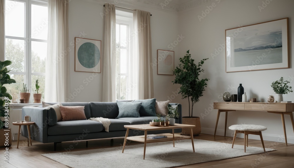 Fototapeta premium A bright and airy living room featuring a couch, white cushions, and wooden furniture. The room is decorated with potted plants, framed art, and soft lighting