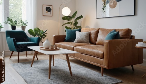 Wallpaper Mural A bright and airy living room featuring a couch, white cushions, and wooden furniture. The room is decorated with potted plants, framed art, and soft lighting Torontodigital.ca