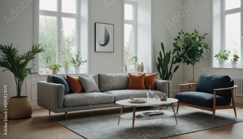 Wallpaper Mural A modern living room designed with a sofa, neutral pillows, and minimalist decor. The space includes indoor plants, floor lamps, and framed artwork on the walls Torontodigital.ca