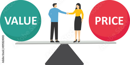 Businessman handshake with success negotiation over balance seesaw with value and price text. Negotiation for business, agreement, merger and acquisition. Vector illustration.

