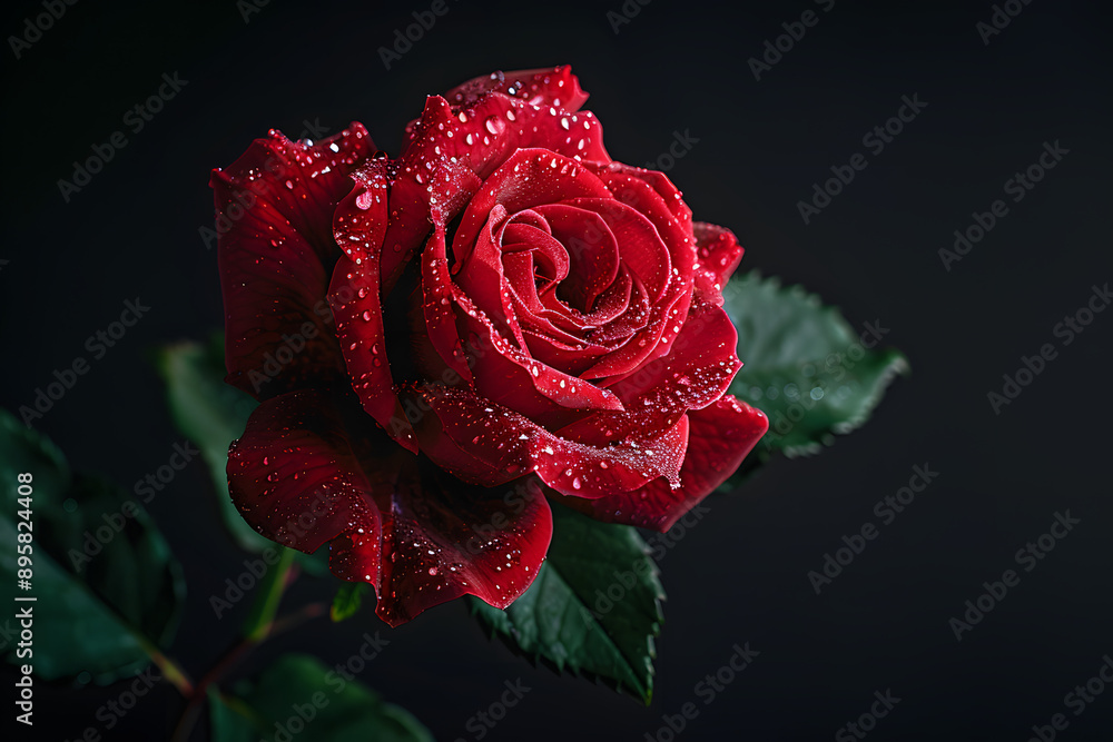 Detailed view of a red rose with drops of water, set against a black background. Detailed view of a red rose with drops of water, set against a black background.
