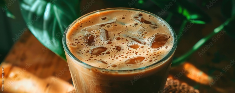 A refreshing glass of iced coffee with a green plant in the background, bathed in natural sunlight on a wooden surface. A refreshing glass of iced coffee with a green plant in the background, bathed in natural sunlight on a wooden surface.